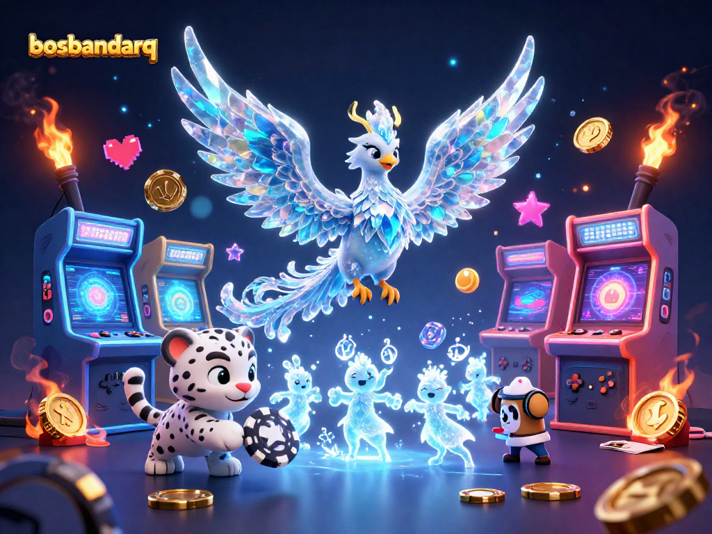 Experience the vibrant world of bosbandarq, featuring a playful snow leopard and a mystical ice phoenix amidst dynamic casino elements.