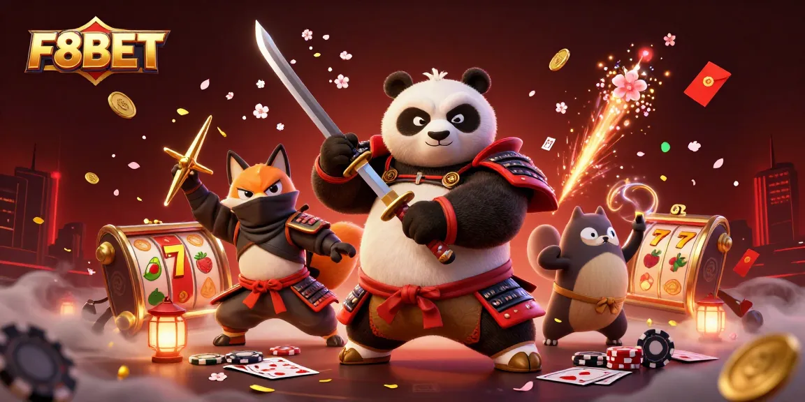 Engage with F8BET's dynamic casino illustration showcasing a samurai panda, ninja fox, and spirit tanuki amidst vibrant gambling elements.