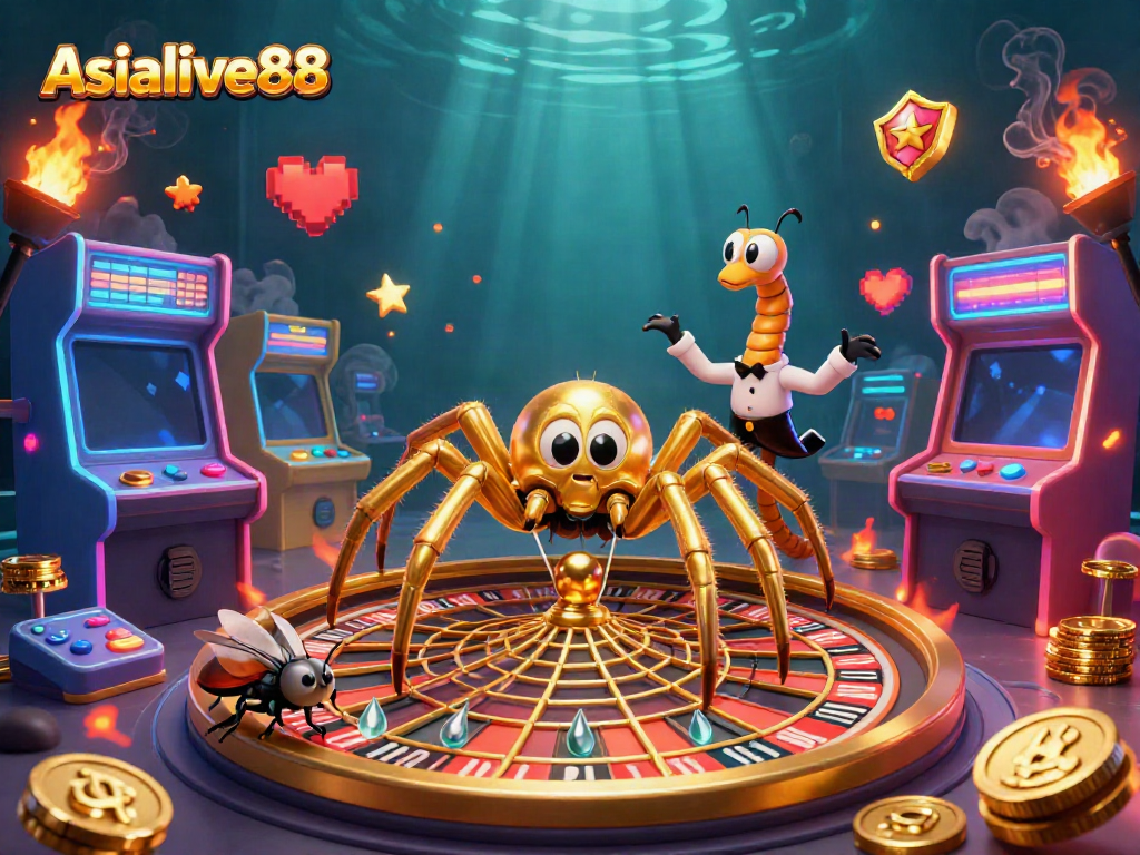 Experience thrilling gameplay at Asialive88 with our immersive 3D casino scene featuring a golden spider and a centipede croupier.