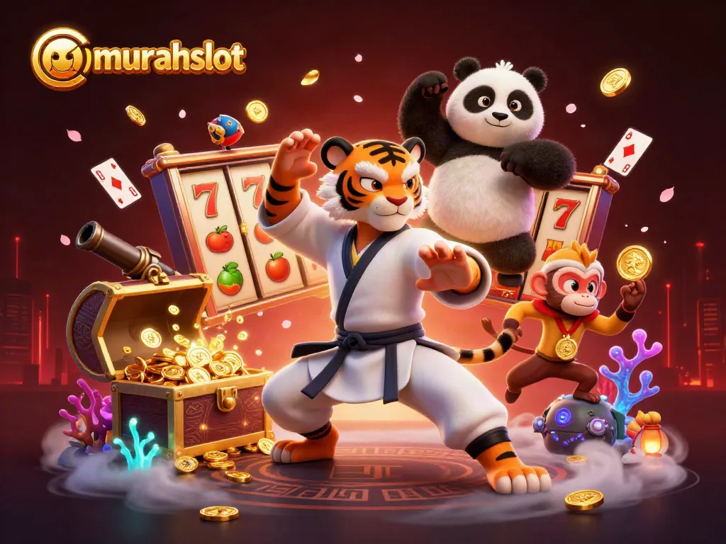 Permainan slot murahslot dengan karakter kartun kung fu dan elemen kasino yang bergerak penuh warna.