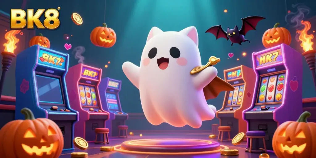 Experience the vibrant BK8 casino atmosphere with a playful ghost cat and vampire bat in action.