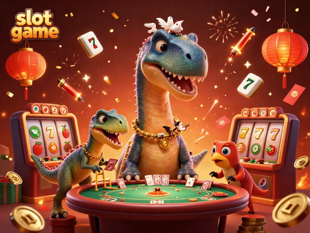 Experience the excitement of a slot game with a cartoon brontosaurus, raptor dealer, and festive casino elements.