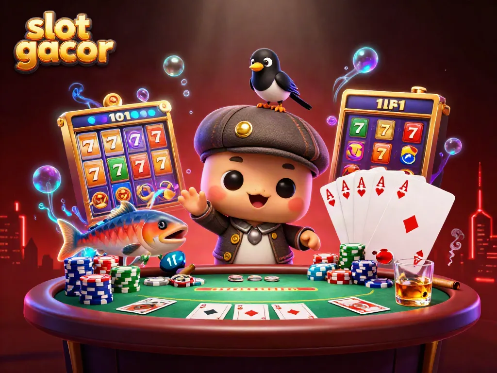 Menyusun slot gacor dalam ilustrasi 3D menggemaskan dengan karakter Nessie dan teman-teman menciptakan suasana kasino.