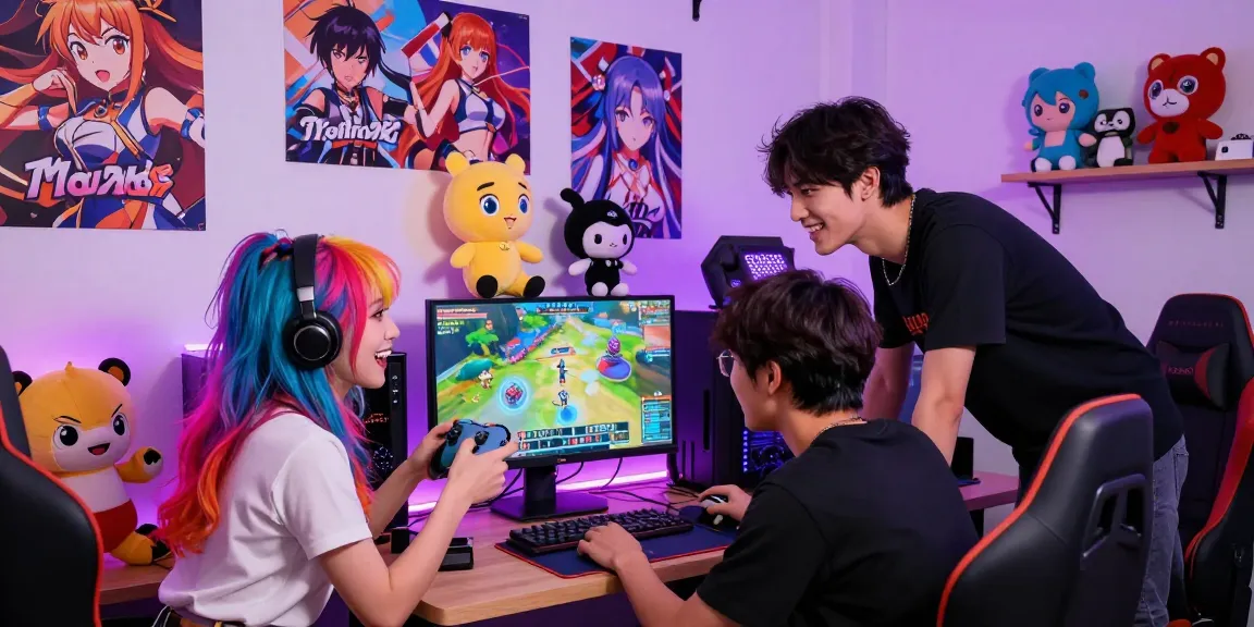 Engaging scene of diverse characters from popular hentai games enjoying gameplay together in a vibrant gaming room.