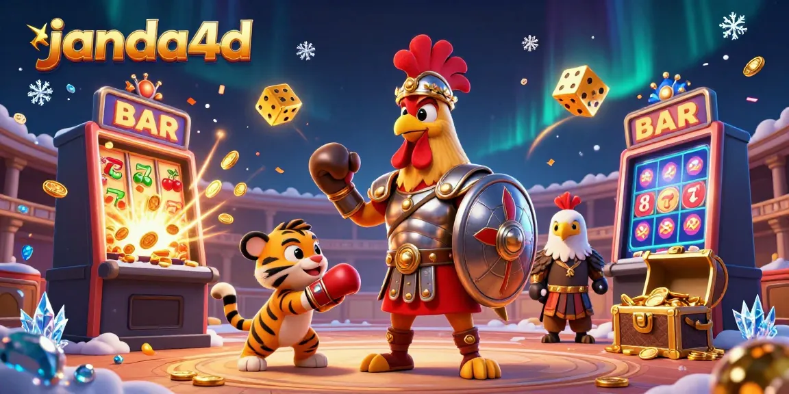 Ilustrasi gladiator janda4d dengan mesin slot dan koin emas melimpah