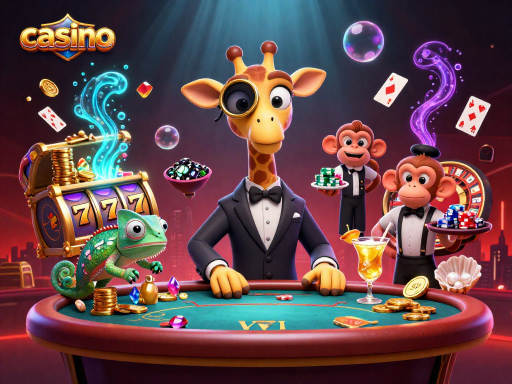 Engaging casino scene with a high-roller giraffe and playful characters celebrating with gaming elements