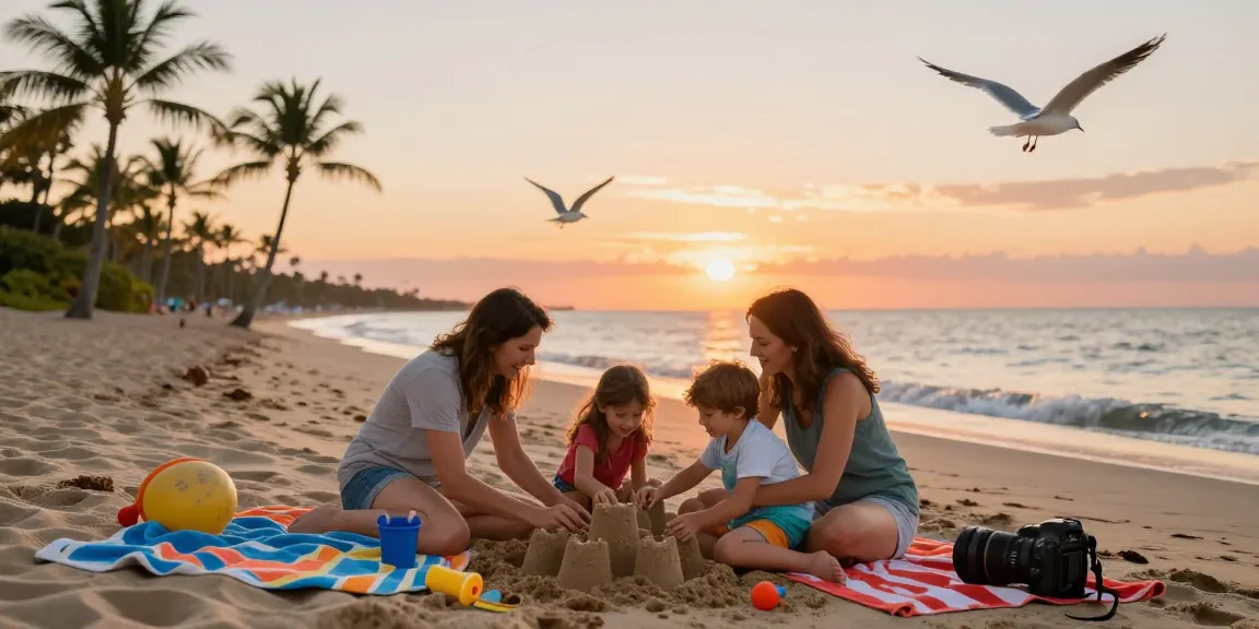 Pengalaman liburan keluarga di pantai pada https://miami4d.com/ dengan anak-anak membangun istana pasir.