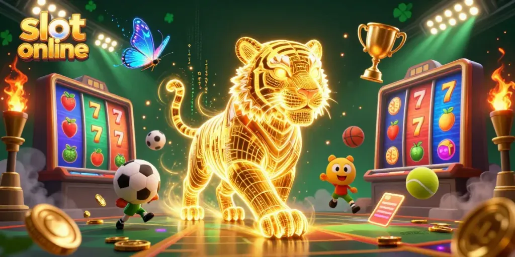 Engage with slot online gameplay through vibrant casino elements featuring a neon golden tiger and dynamic slot symbols.