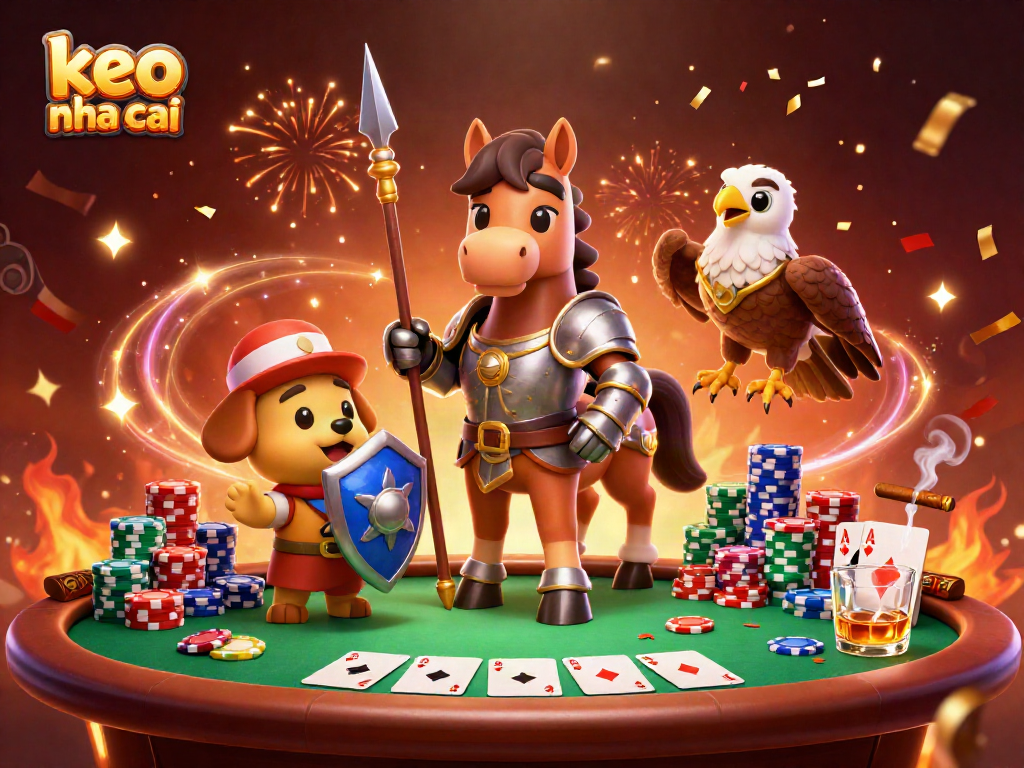 Engage with keo nha cai action in a vibrant 3D casino illustration featuring a knight, squire, and falcon.