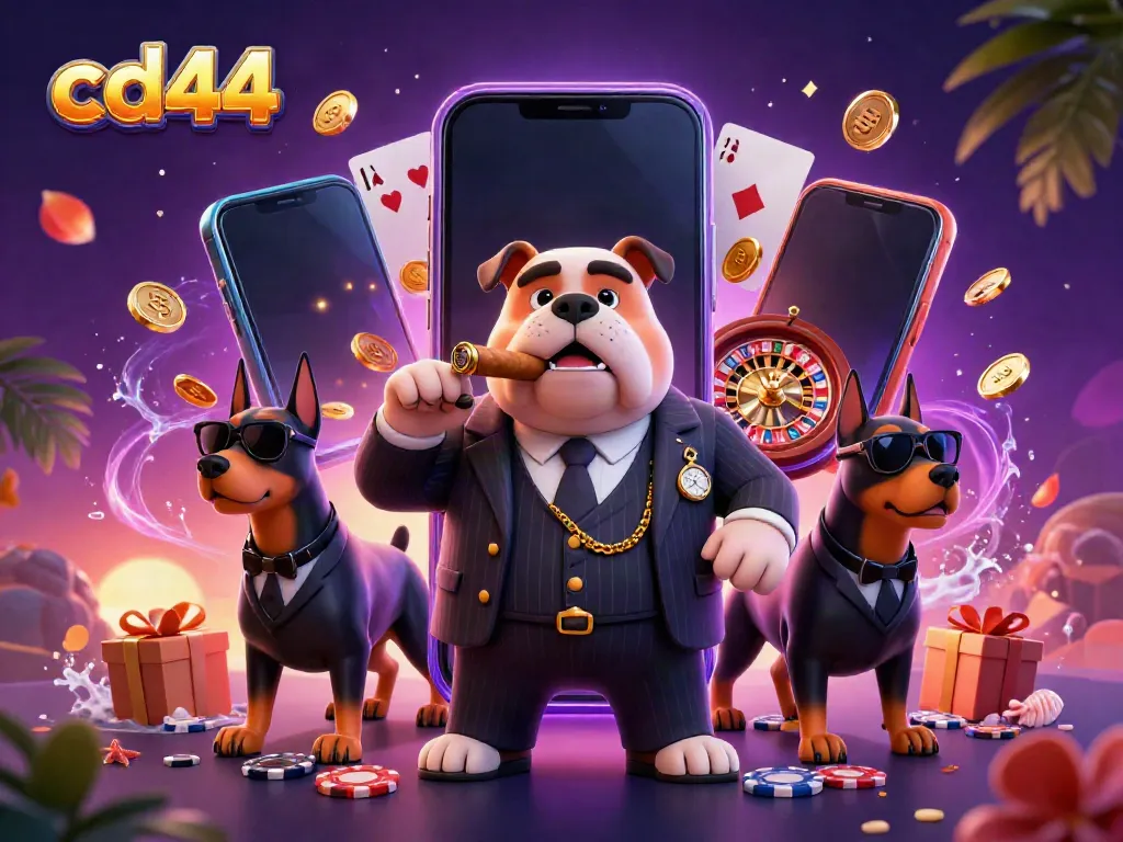 Enjoy thrilling gaming action with cd44, featuring a mafia boss bulldog and scenic casino elements.
