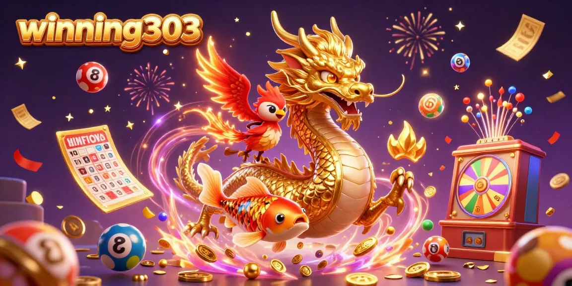 Engage with winning303's vibrant, animated scene showcasing a Chinese dragon, phoenix, and koi fish for an exhilarating gaming experience.