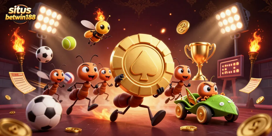 Engage with situs betwin188 as ants execute a playful heist for a giant poker chip in a vibrant casino scene.