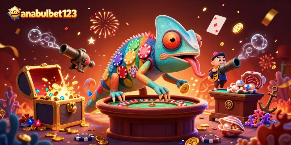 Menghadirkan anabulbet123, chameleon kasino yang mengambil koin emas, dikelilingi harta karun dan kartu bermain.