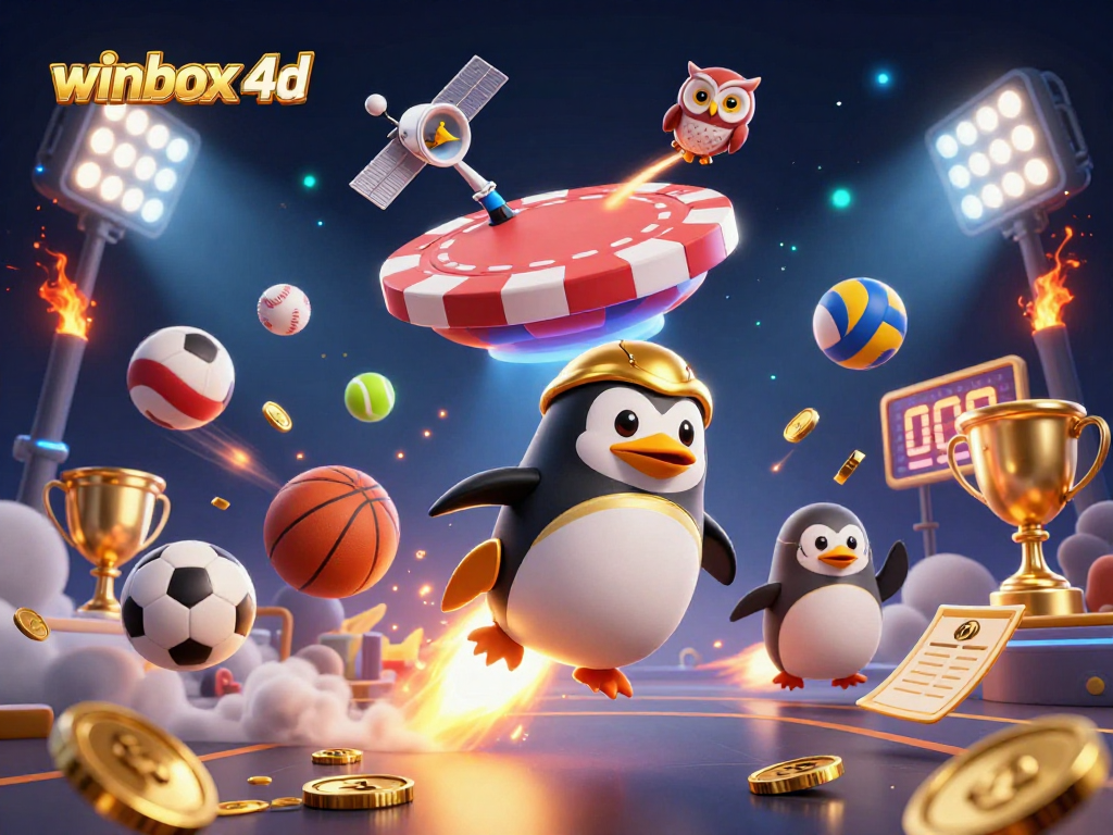 Experience the excitement of winbox 4d as a golden penguin journeys through a vibrant casino-themed space.