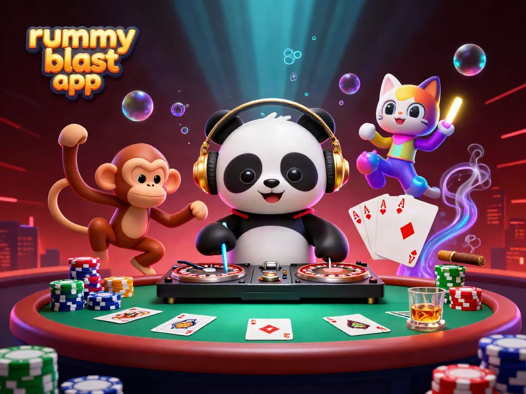 Spin the rummy blast app with a vibrant 3D scene featuring engaging characters and dynamic casino elements.