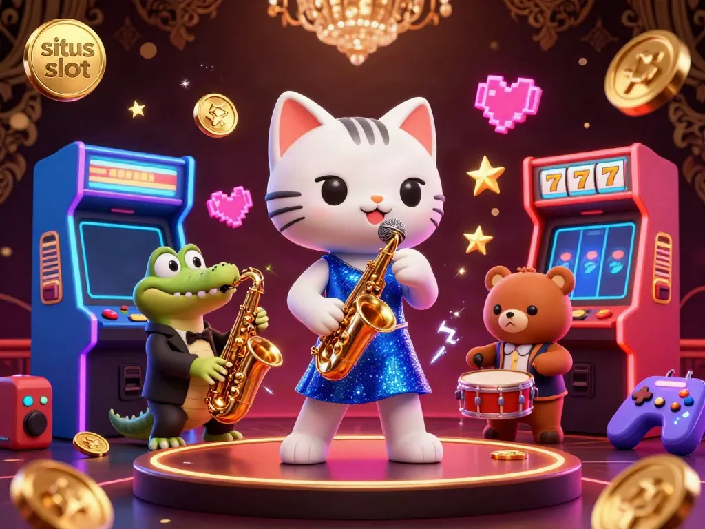 Situs slot illustrated scene with cartoon characters and vibrant casino elements.