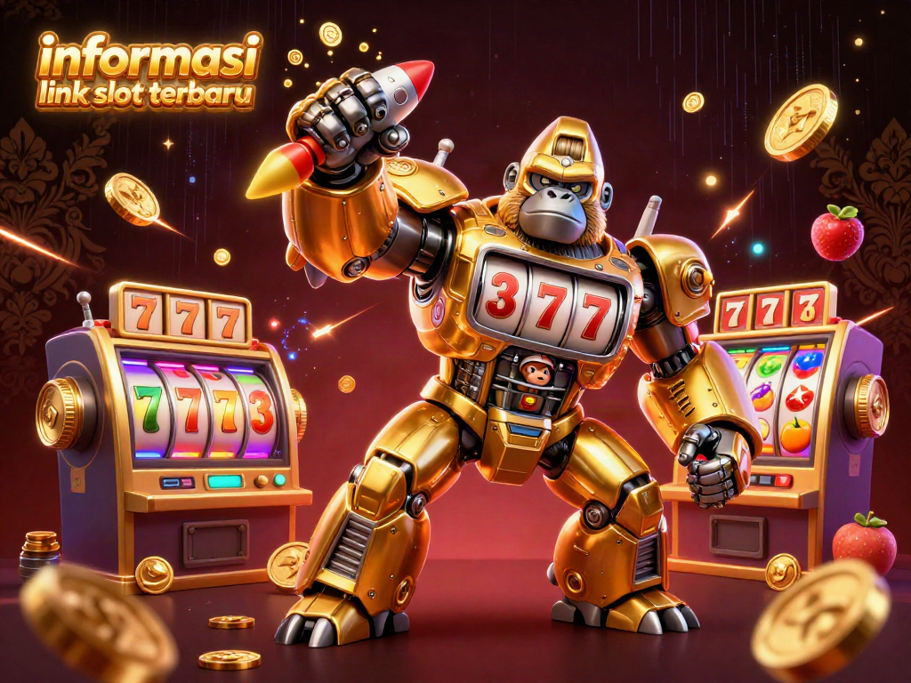 Menampilkan informasi link slot terbaru dengan ilustrasi mesin slot mecha berwarna emas yang dinamis.