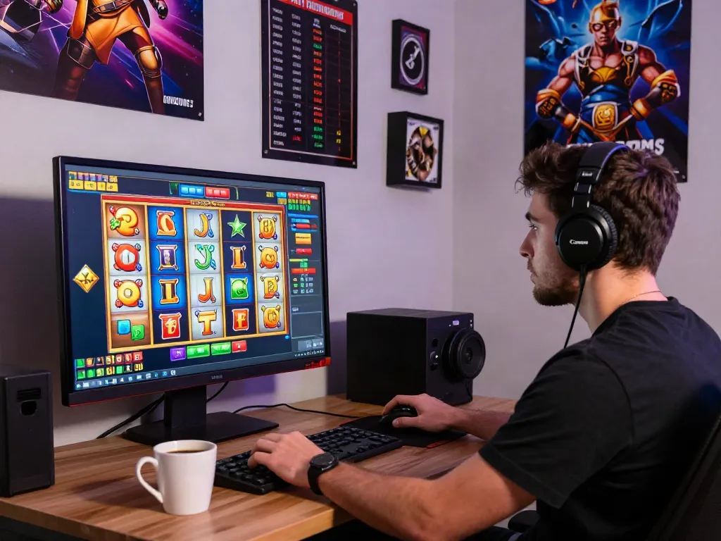 Engage with slot gacor hari ini in a vibrant online casino scene with player at virtual slot machine.