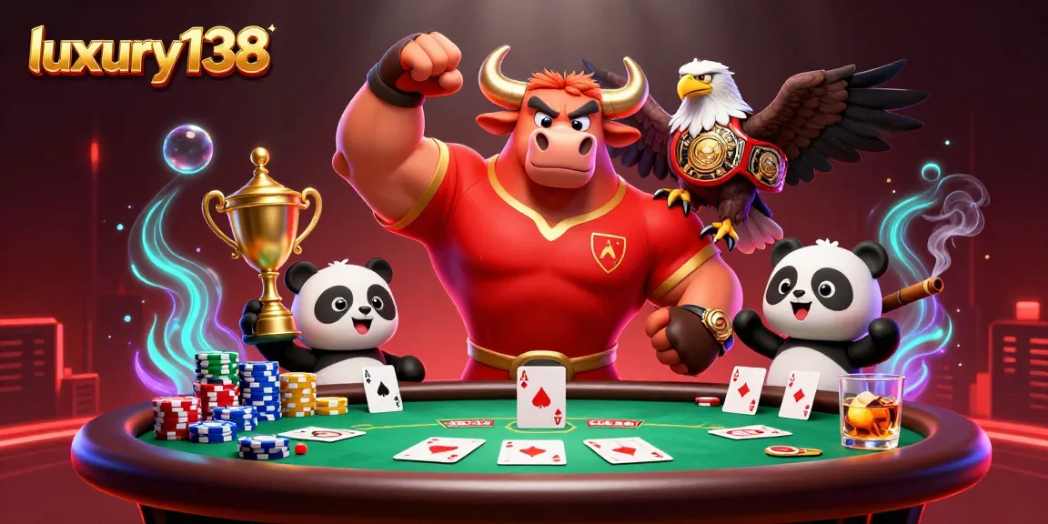 Gambarkan kegembiraan bermain luxury138 dengan karakter maskot kasino 3D yang ceria dan elemen permainan menggembirakan.