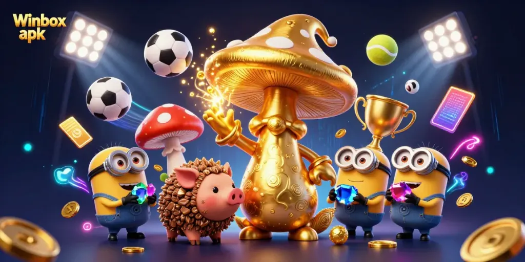 Winbox apk showcases a dynamic scene of magic and sports elements in a vibrant 3D illustration.