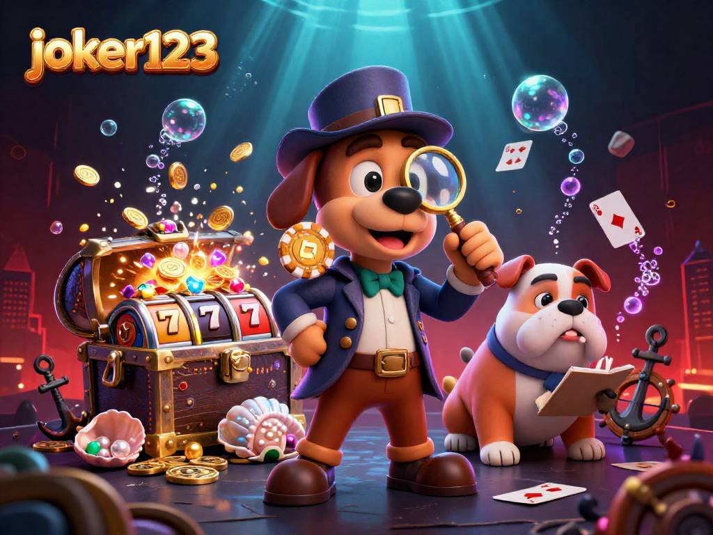 Gambarlah penggemar joker123 yang memenangkan jackpot dengan slot berputar dan karakter detektif 3D.
