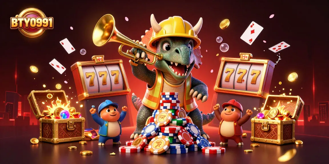 BTY0991 showcases a vibrant 3D casino scene with characters celebrating a poker win amid dynamic elements.