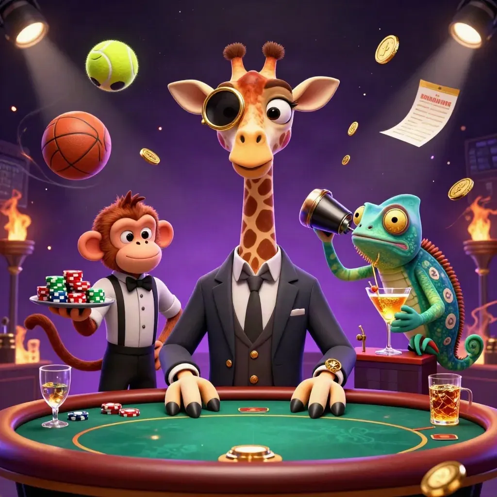 Low-angle casino-sports key art with cartoon giraffe, monkey, chameleon, flying balls and gold effects.