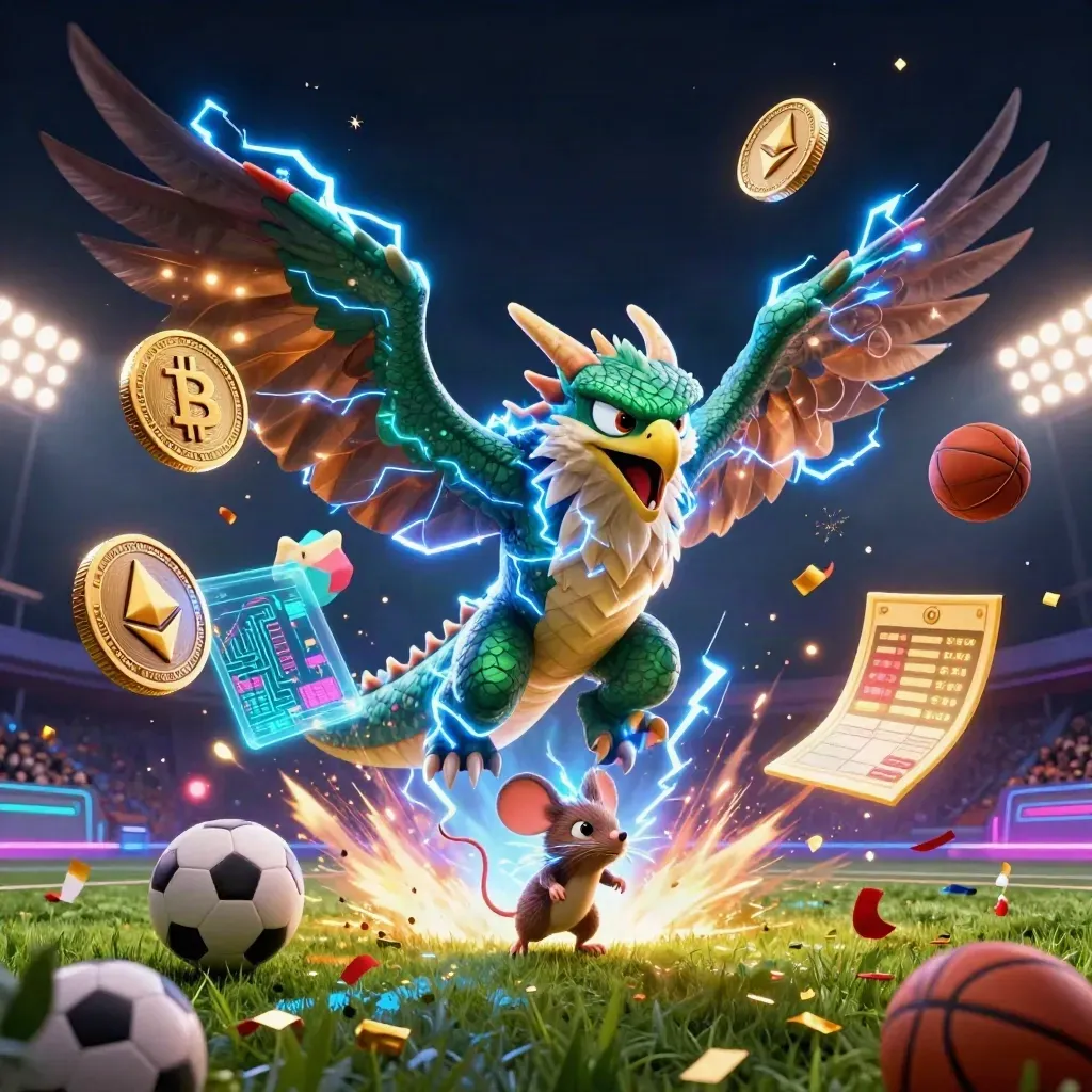 Thunder dragon, wind hawk and spark mouse with soccer ball, basketball and neon coins.