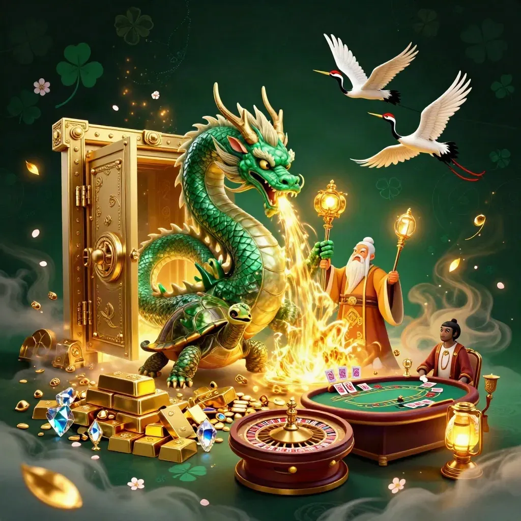 Emerald dragon, turtle sage and cranes amid gold vault light, jewels, fog and casino glow.