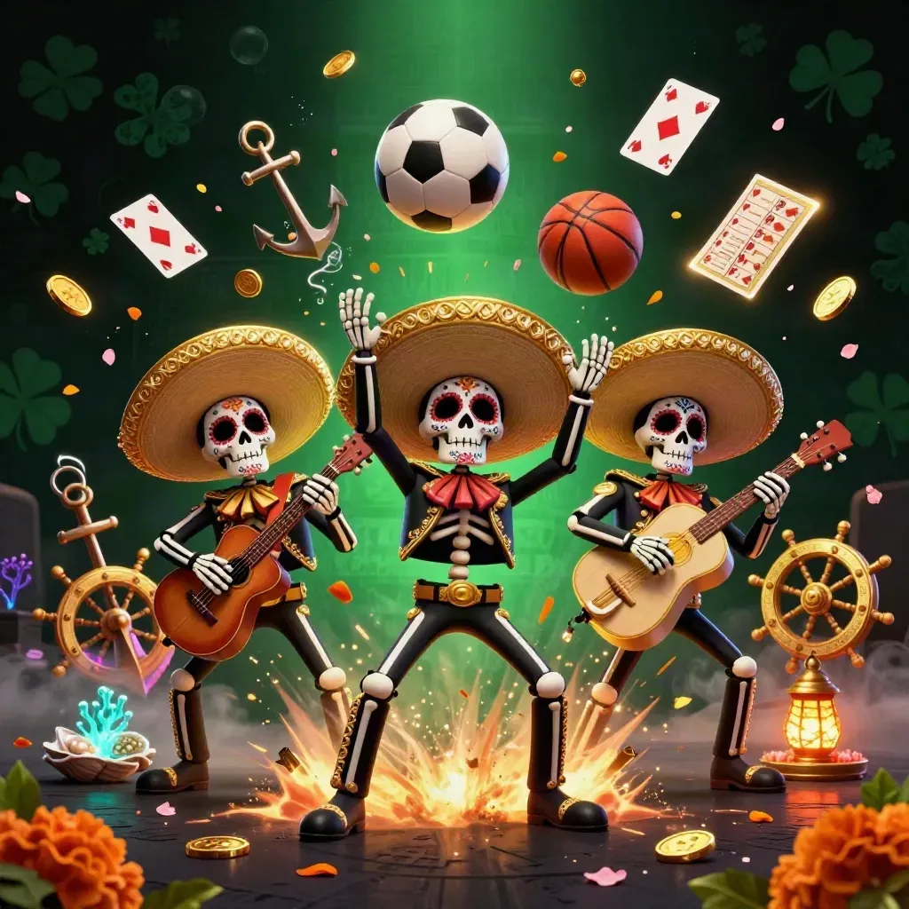 Skeleton mariachi trio amid treasure cove sports chaos with coins, balls, and casino glow.