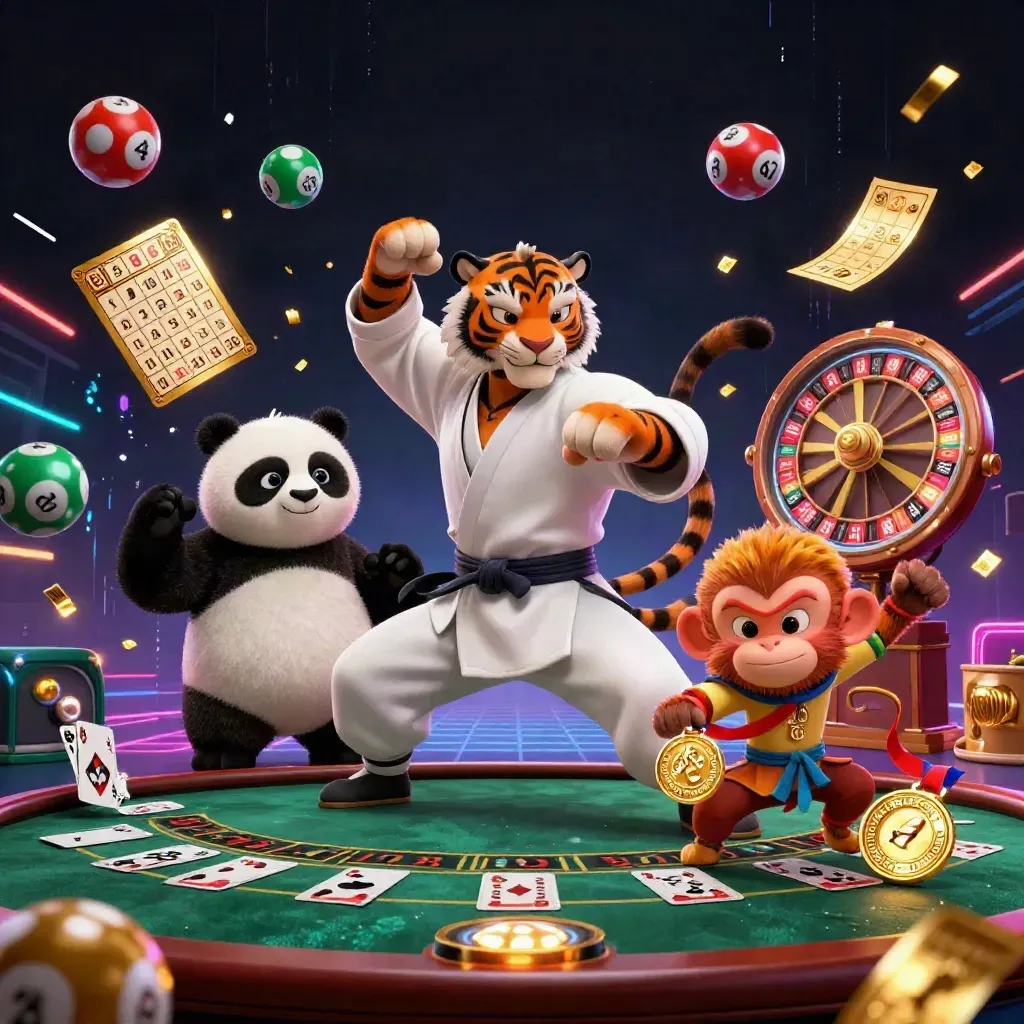 Kung-fu tiger, panda, and monkey amid casino prizes, glowing wheels, and gold energy