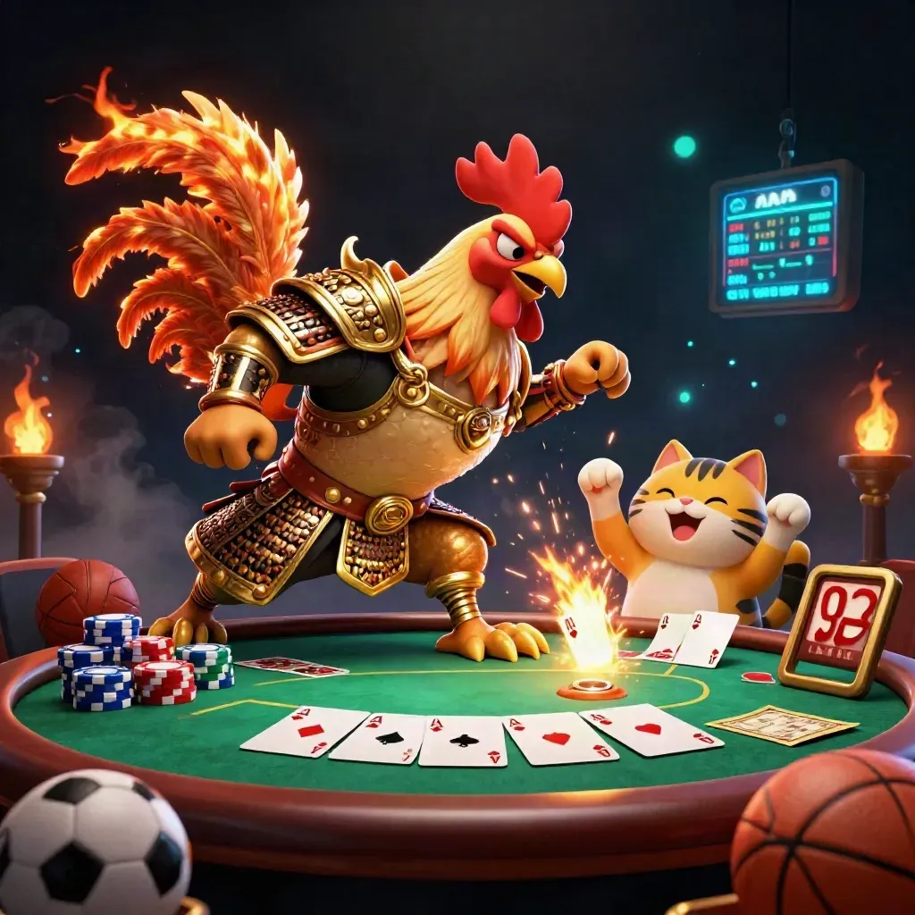 Rooster warrior, dragon hatchling and lucky cat amid casino chips, cards, balls and glowing haze.