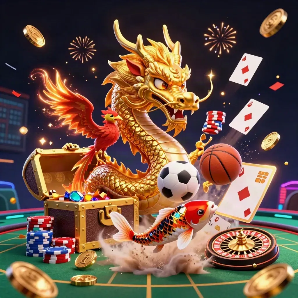 Dragon, phoenix and koi with casino chips, coins and sports balls in a neon explosion.