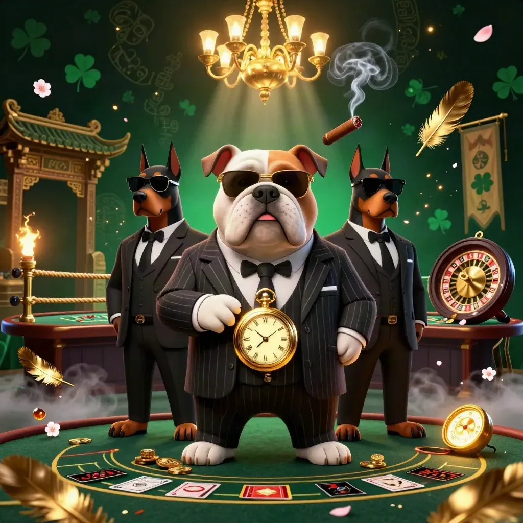 Bulldog mob boss and Doberman guards amid emerald casino luxury, smoke, brass, and glowing symbols.