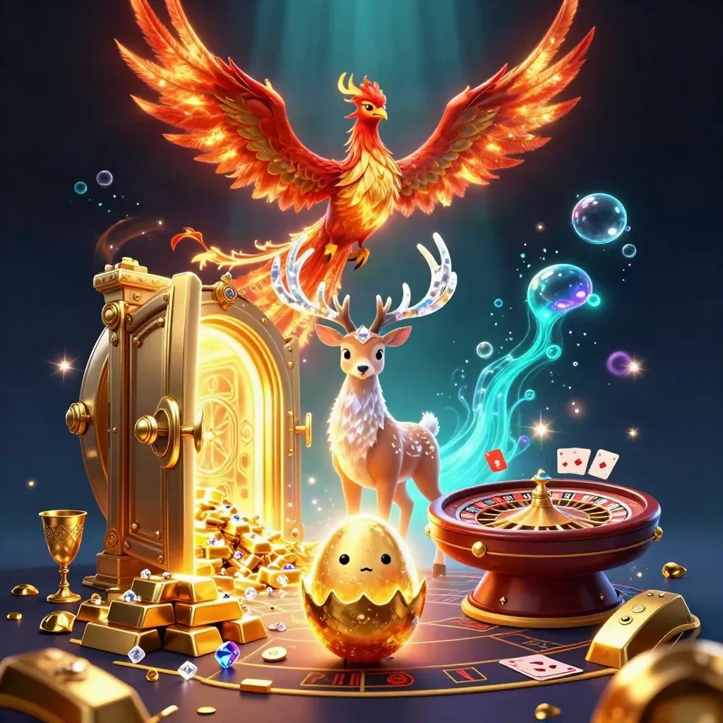 3D phoenix, baby phoenix, and crystal stag amid gold vault light and casino glow