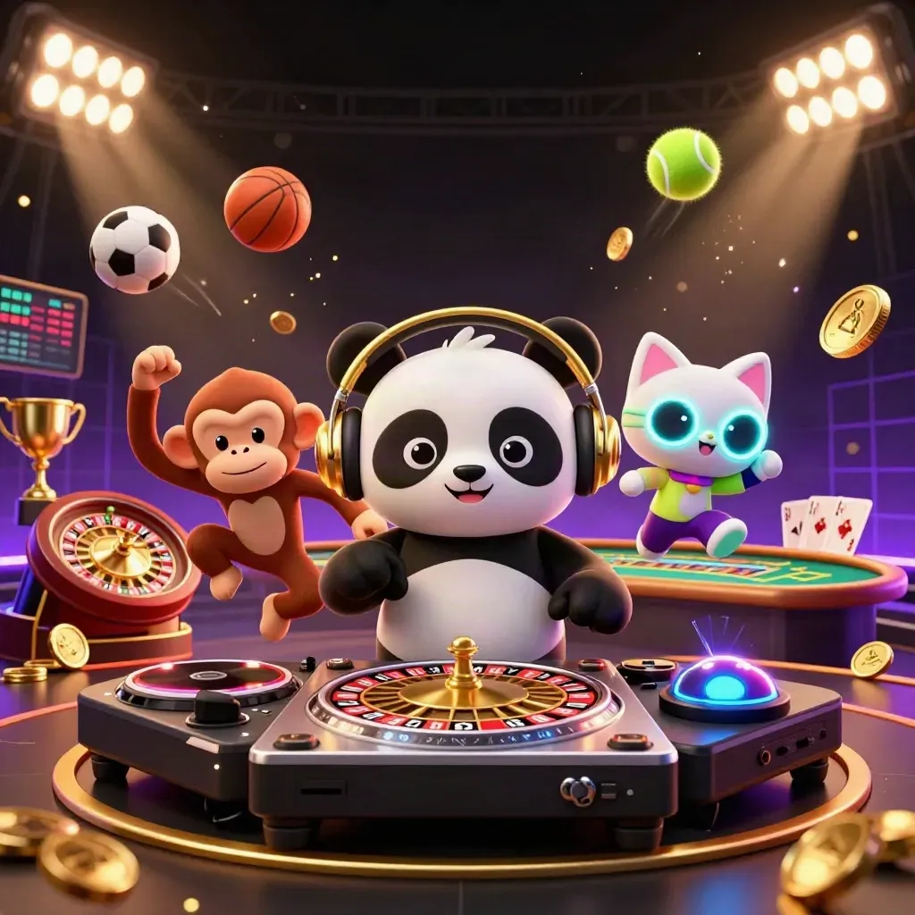 DJ panda, dancing monkey, and glow-stick kitten in a luxe casino rave with sports balls and gold.