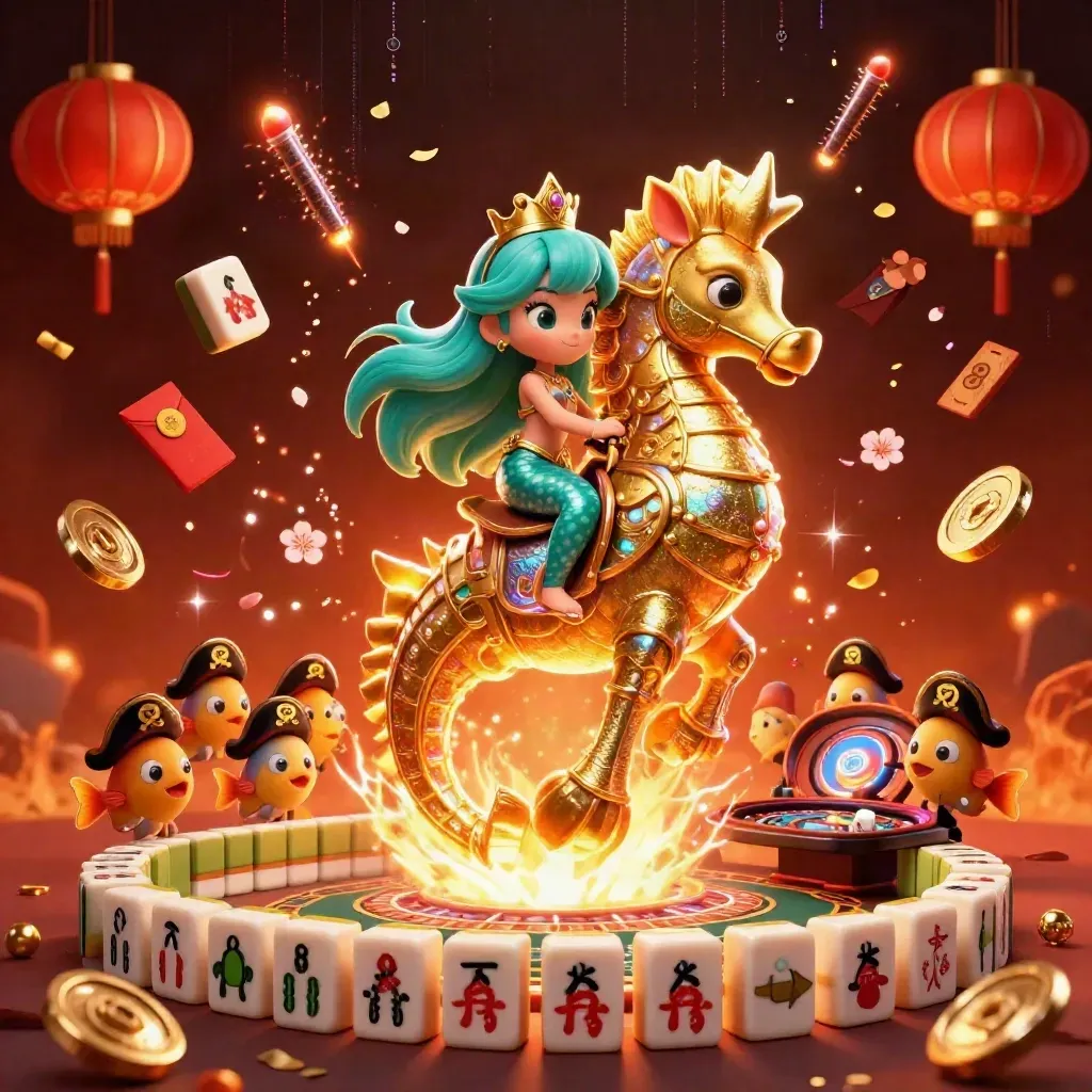 Mermaid princess on a golden seahorse amid casino treasures, lanterns, and neon glow