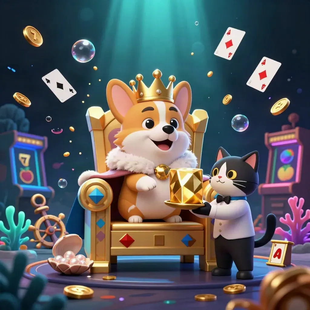 Royal corgi and cat butler in an underwater treasure cove, coins, coral, bubbles, and casino glow