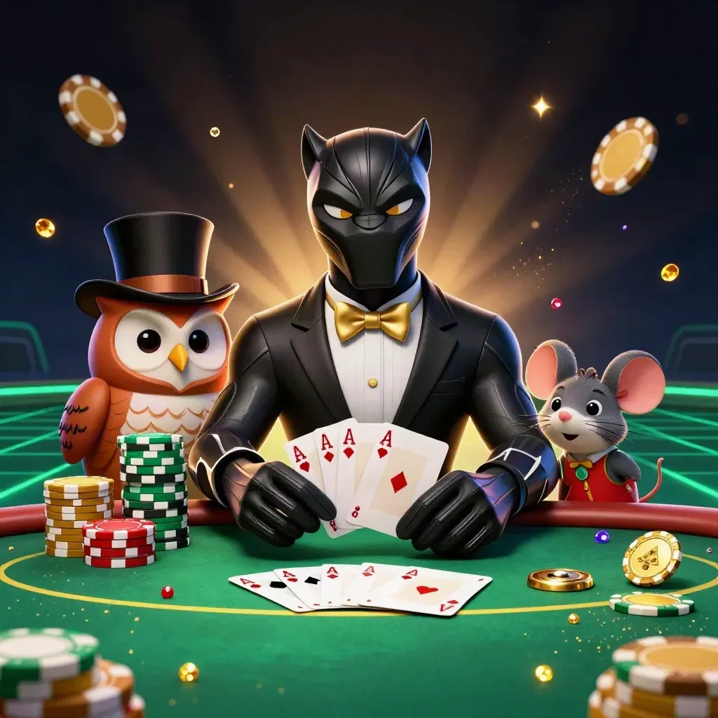 Panther dealer, owl gambler, and mouse atop chips in a neon casino splash scene.
