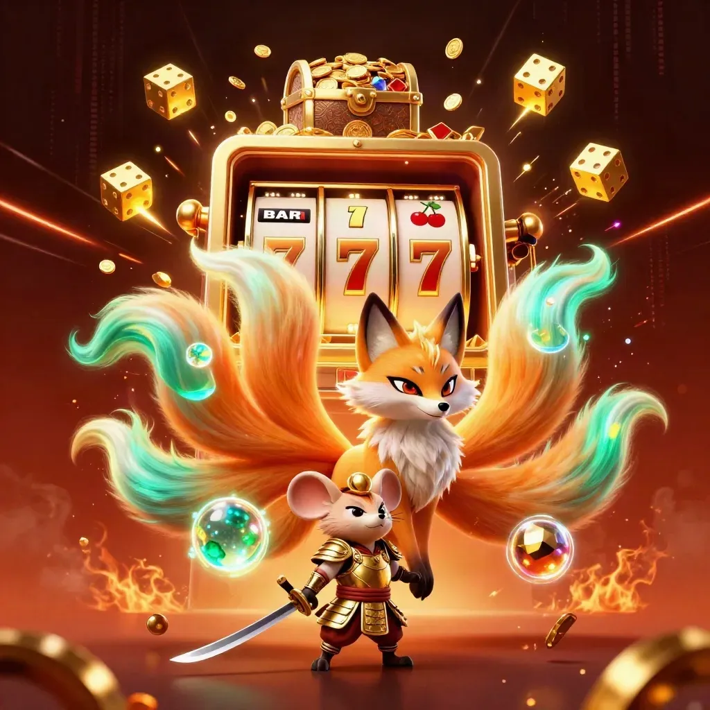 Nine-tailed fox spirit and armored mouse amid bursting slot loot, gems, and neon casino energy.