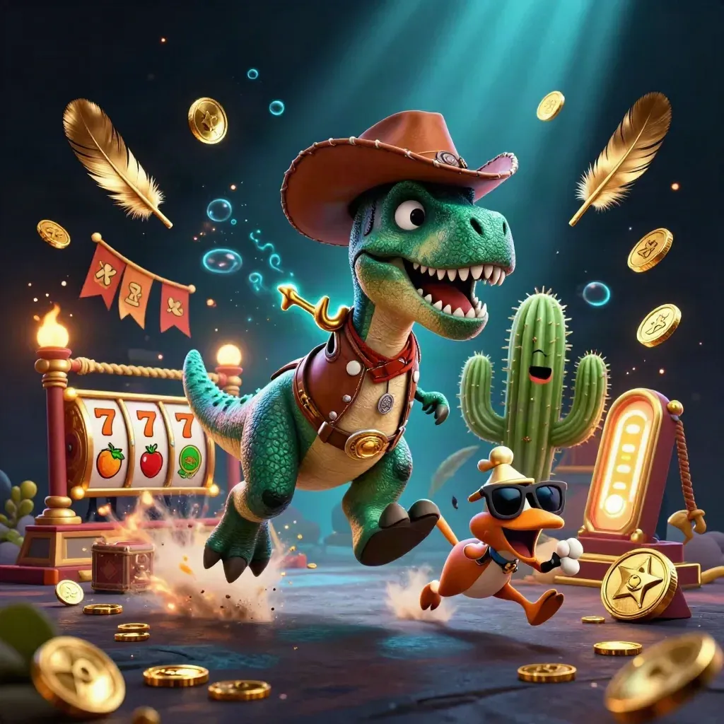 Cowboy T-Rex, cactus, and roadrunner amid gold, temple ruins, and neon casino energy.
