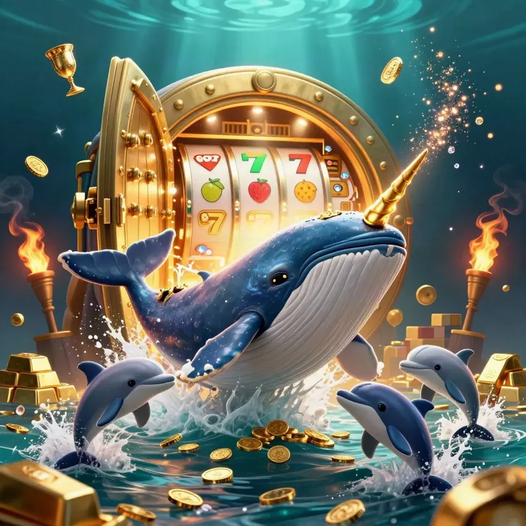 Whale captain, narwhal and dolphins burst from coins and a vault in luxe casino underwater glow