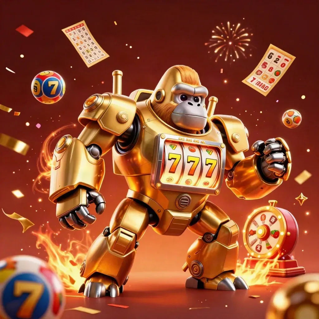 Golden gorilla mech and monkey pilot explode with casino loot and ember glow.