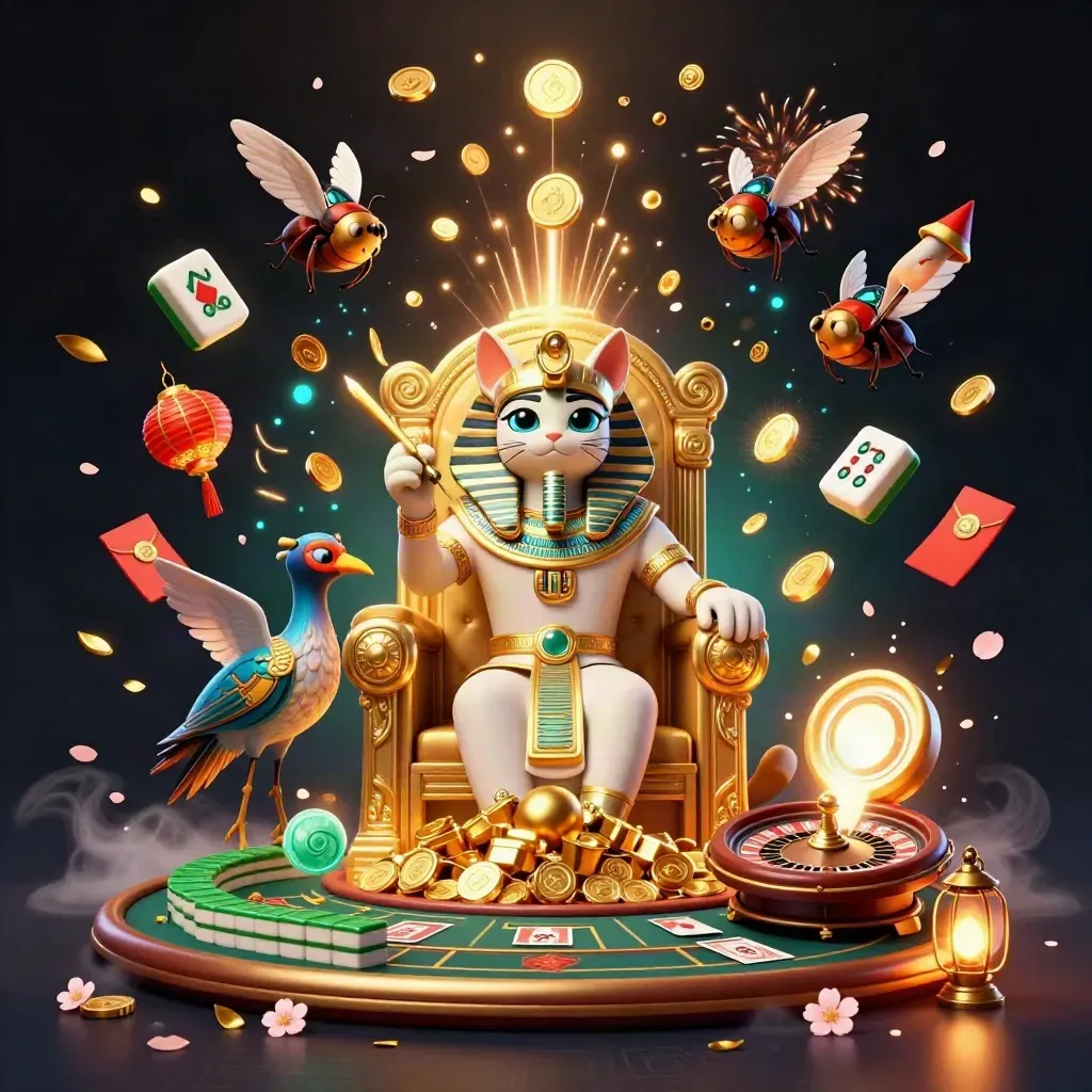 Pharaoh cat, ibis scribe, and gem scarabs amid casino gold, lanterns, fireworks, and coins