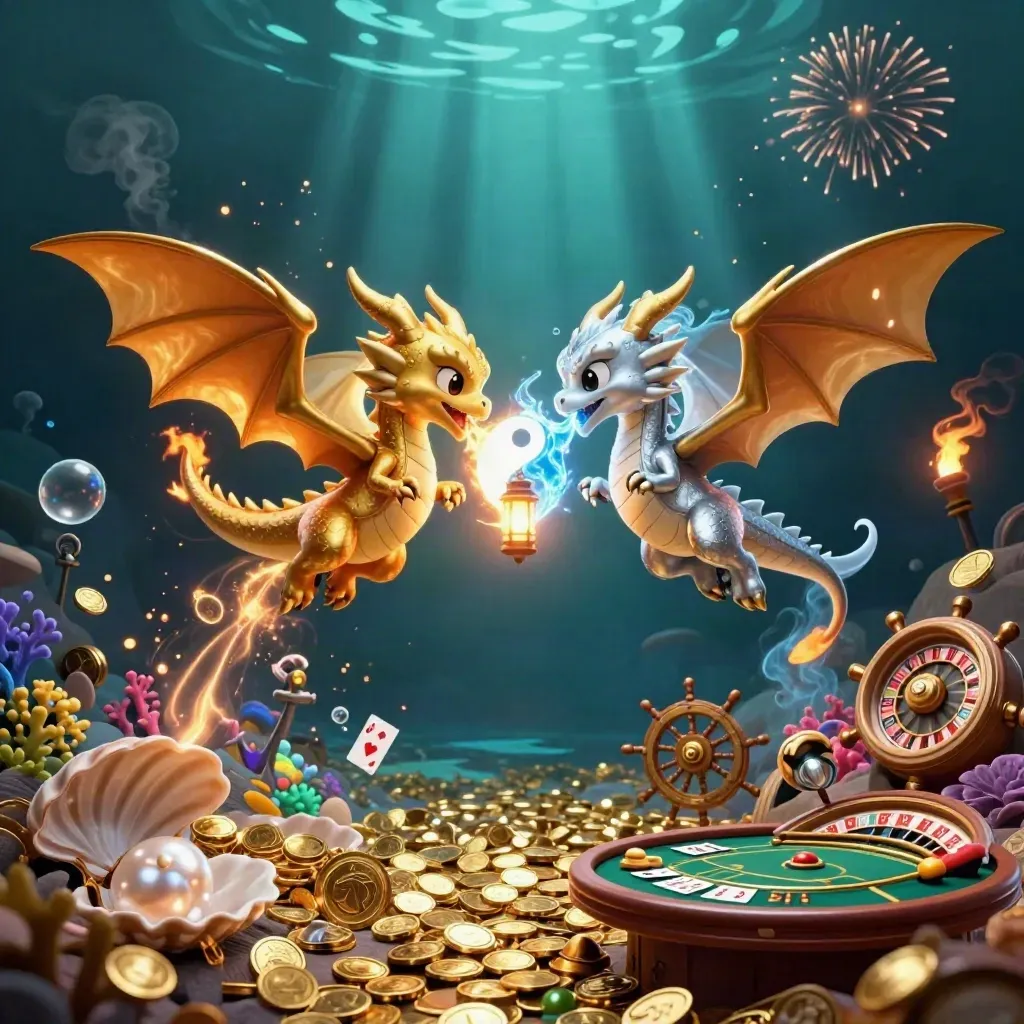Gold and silver cartoon dragons spiral through an underwater treasure cove with coins, cards, and lights.