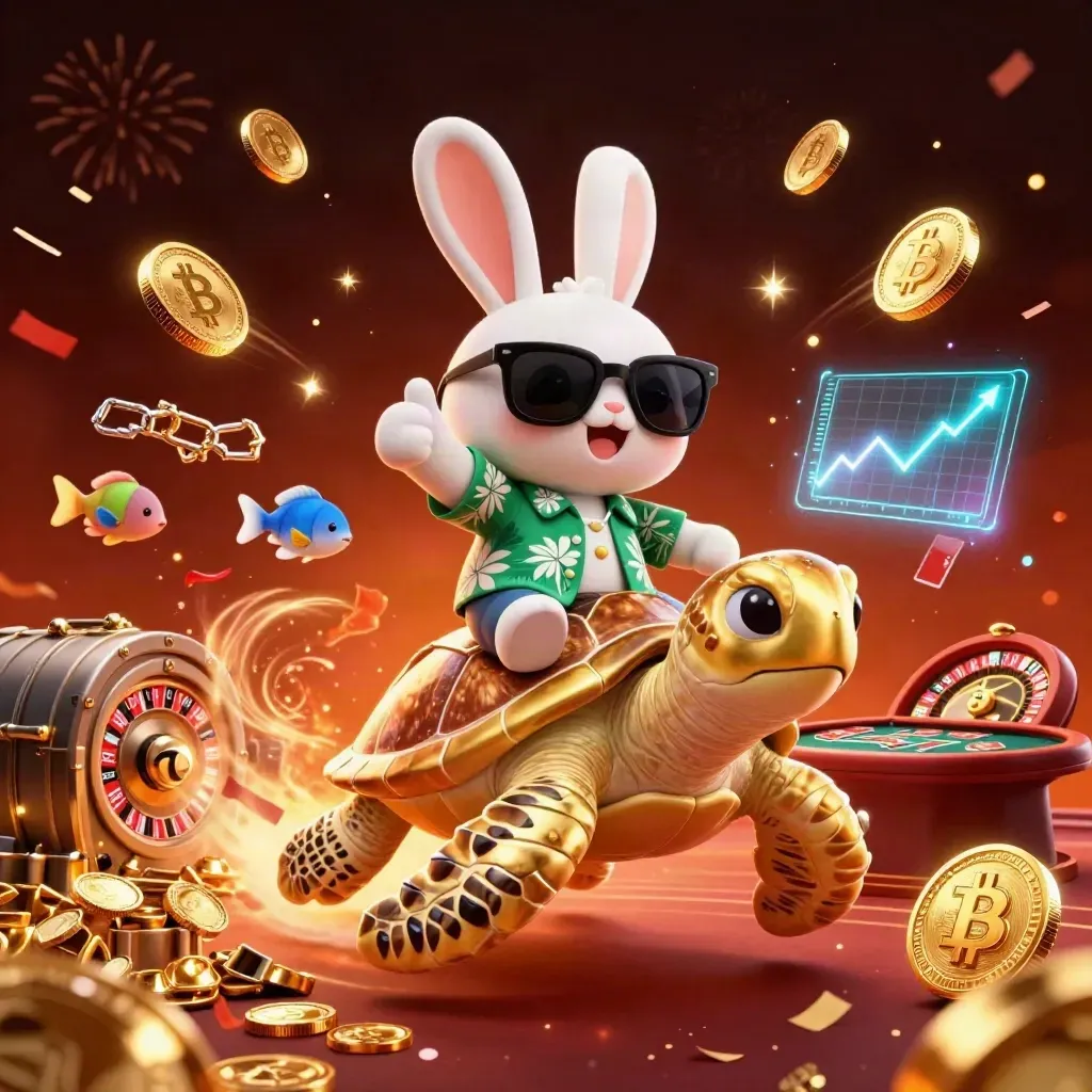 Lucky rabbit on a golden sea turtle amid coins, fireworks, and casino energy.