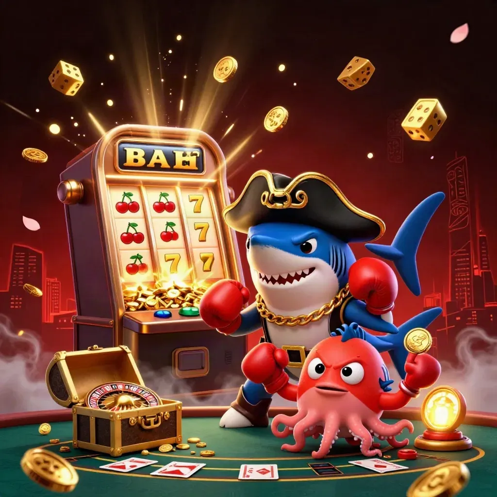 Pirate shark, pufferfish boxer, and juggling octopus amid exploding coins and casino lights