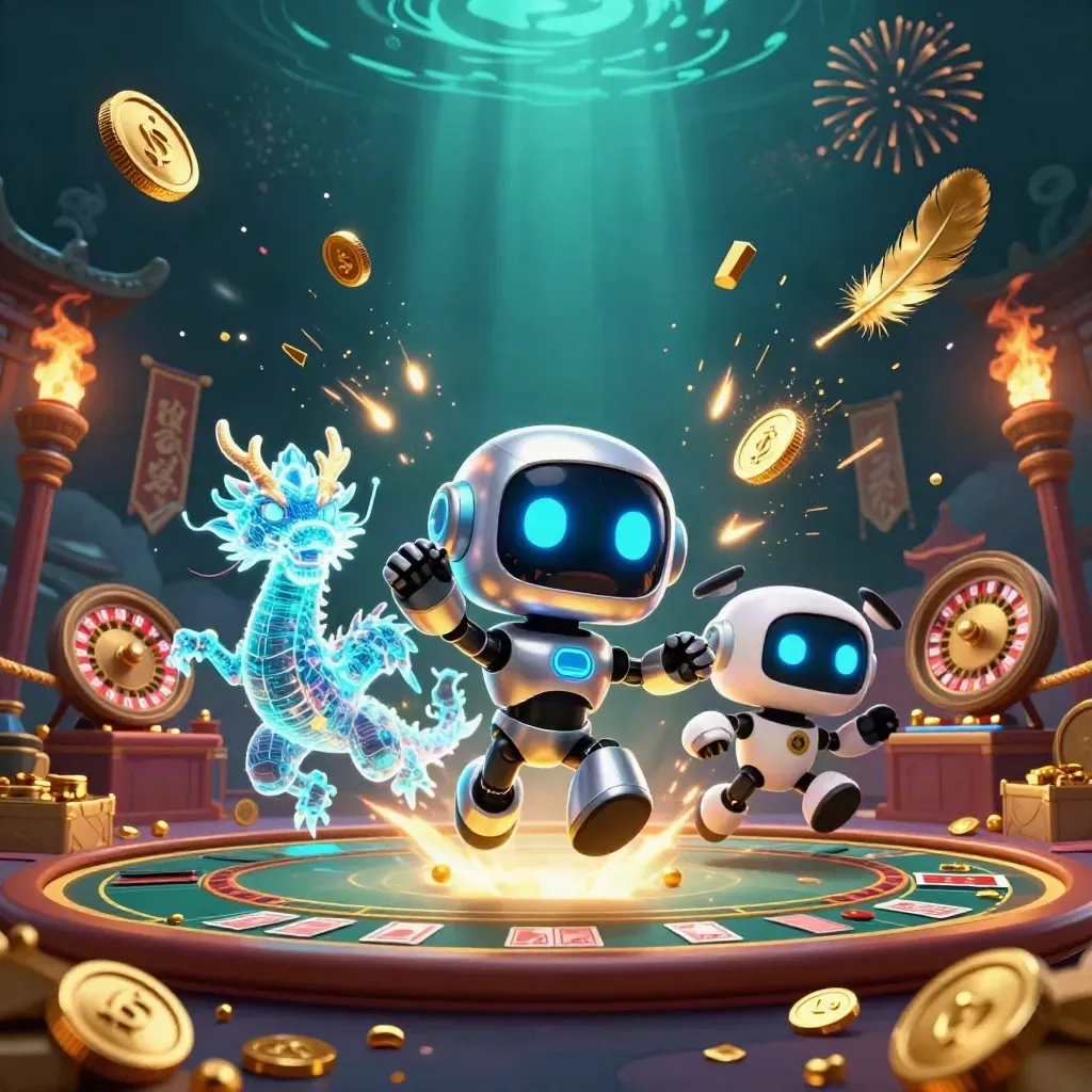 Cyberpunk robot, holographic dragon, and coin drone amid coins, fireworks, and casino props
