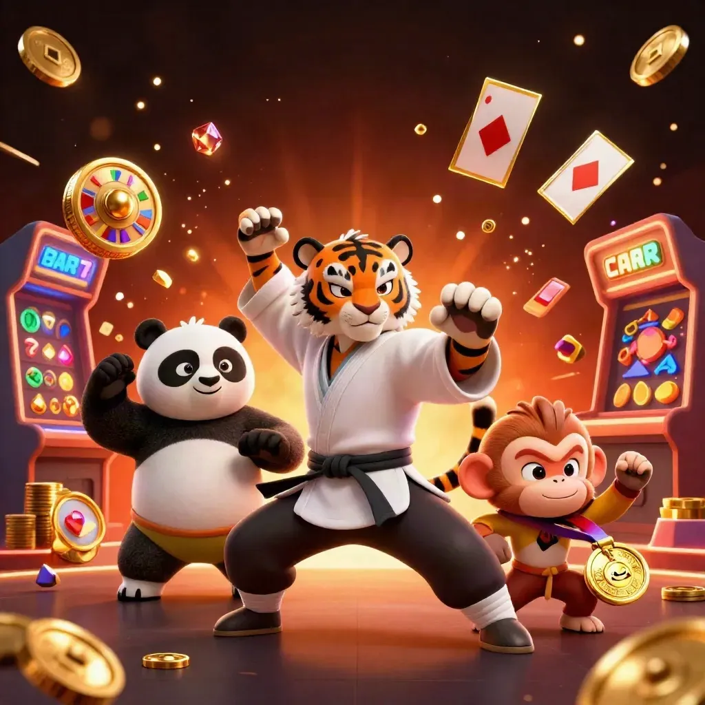 Three kung-fu casino animals amid coins, cards, reels and glowing chips in a dramatic burst.