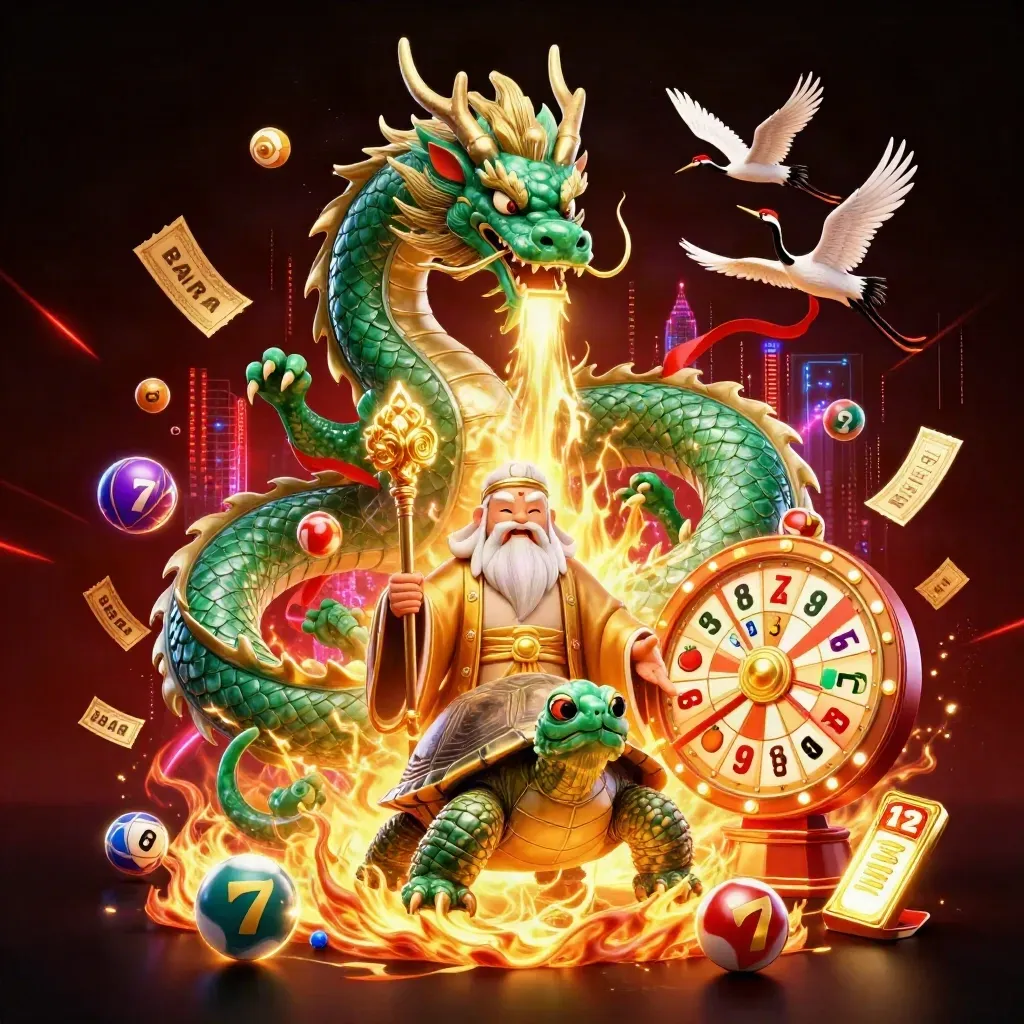 Emerald dragon, turtle sage, and cranes amid casino fire, reels, balls, and gold glow.